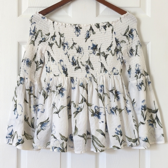 Lucca Boho Chic Floral Smocked Off Shoulder Long Bell Sleeve Flared Top White M - Picture 1 of 12